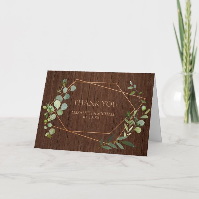 Rustic Copper Geometric Eucalyptus Photo Thank You Card (Front)