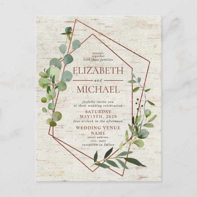 Rustic Copper Geometric Greenery Postcard Wedding (Front)