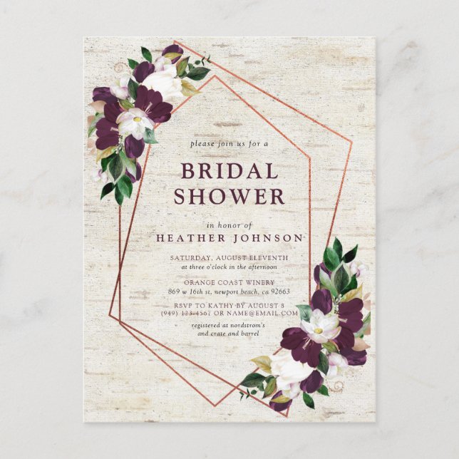 Rustic Copper Geometric Plum Floral Bridal Shower Announcement Postcard (Front)