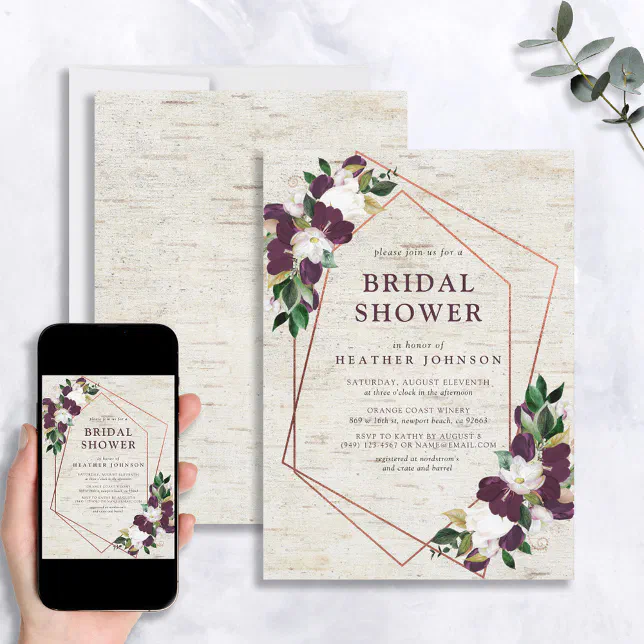 Rustic Copper Geometric Plum Floral Bridal Shower Invitation Zazzle