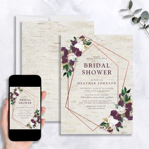 Rustic Copper Geometric Plum Floral Bridal Shower Invitation