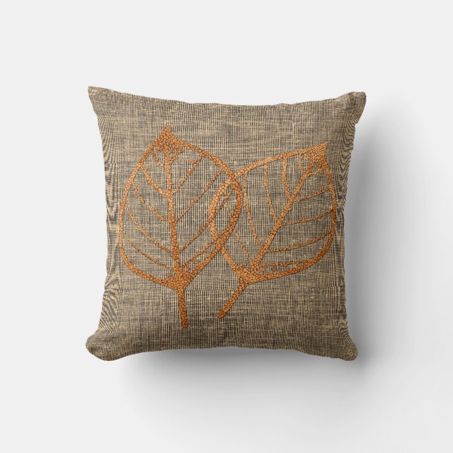 Rustic Copper Look Leaves Textured Canvas Pillow (Front)