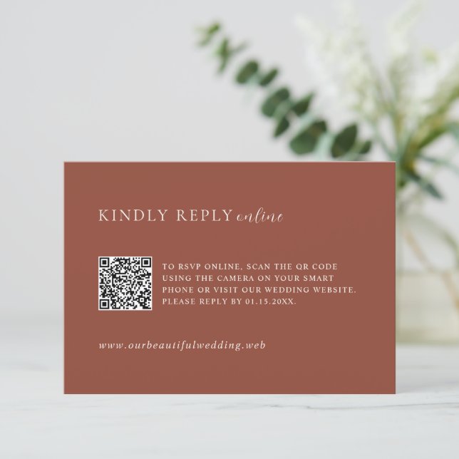 Rustic Copper QR Code Editorial Modern Wedding RSVP Card (Standing Front)