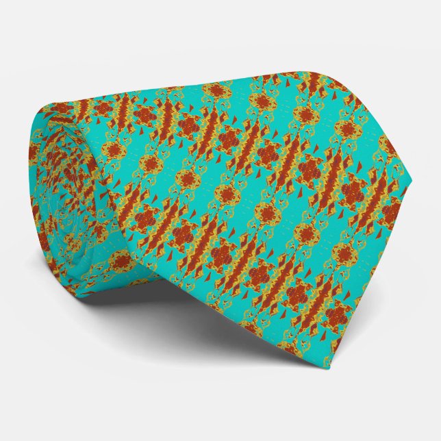 Rustic Copper Red Turquoise Green Pattern Neck Tie (Rolled)