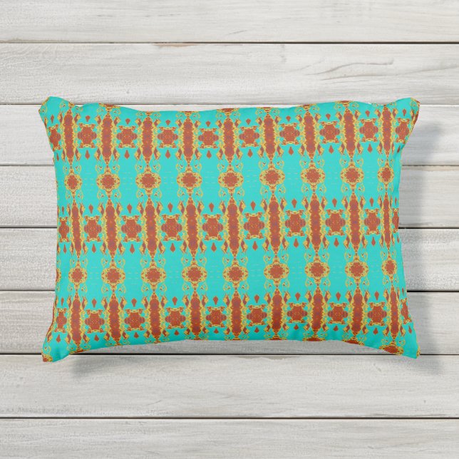 Rustic Copper Red Turquoise Green Pattern Outdoor Pillow (Front)