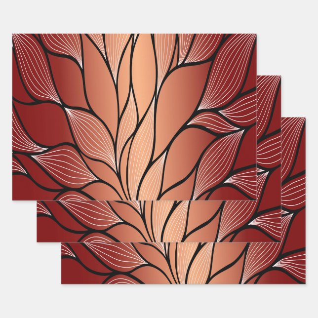 Rustic Coppery Bronze Leave Pattern  Wrapping Paper Sheets (Set)