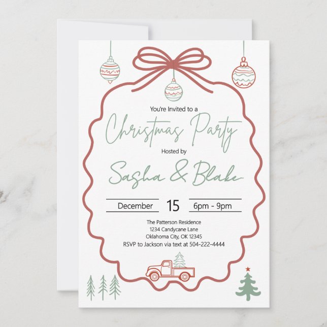 Rustic Coquette Red Green Christmas Party  Invitation (Front)