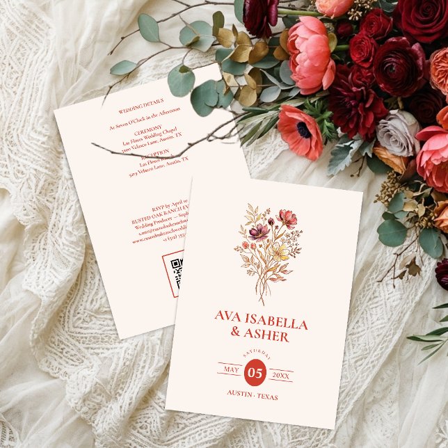Rustic Coral Floral Bouquet Wedding QR Code TLW26 Invitation (Rustic Coral Wedding Invitation Featuring Vibrant Multicolor Wildflowers Bouquet Watercolor Effect.)