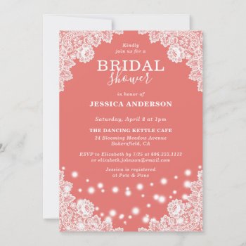Rustic Coral Floral Lace Bridal Shower Invitation by DanielCapPhotography at Zazzle