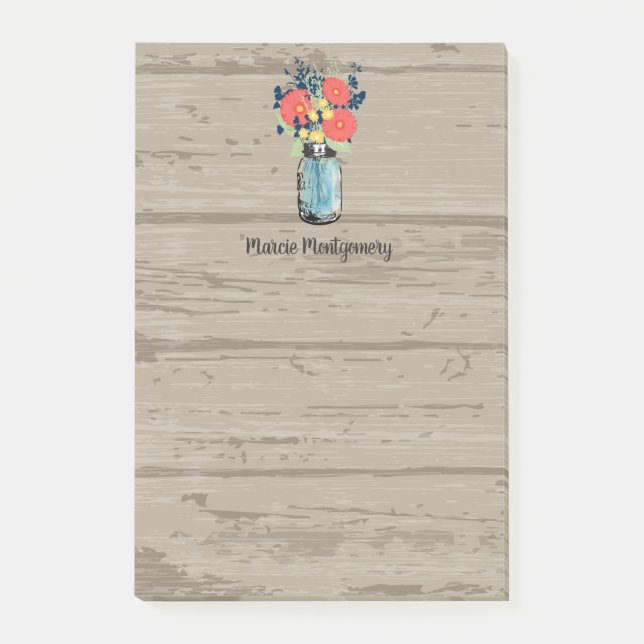Rustic Coral Gerber Daisy Mason Jar Personalize Post-it Notes (Front)