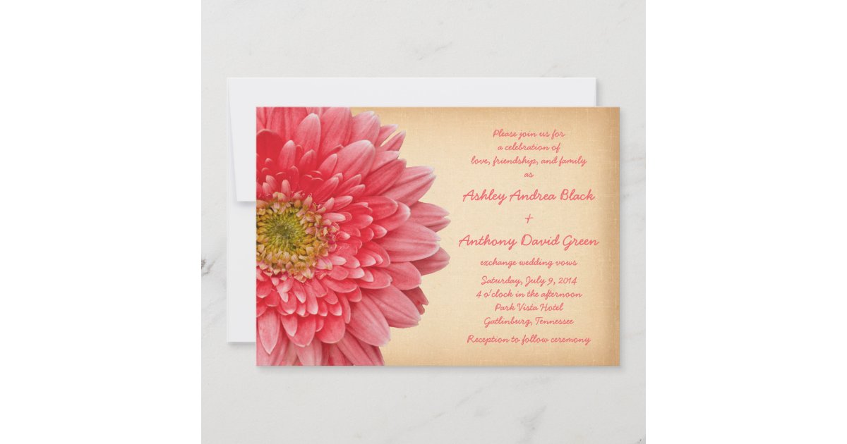 Rustic Coral Gerbera Daisy Wedding Invitation | Zazzle