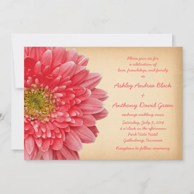 Rustic Coral Gerbera Daisy Wedding Invitation | Zazzle