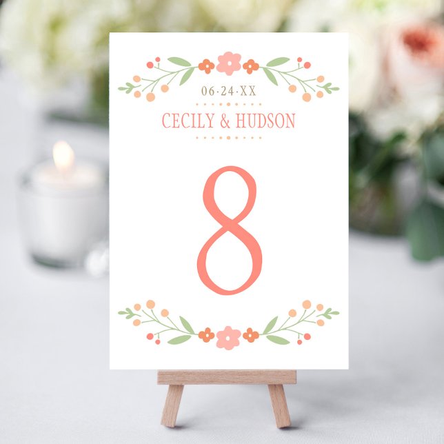 Rustic Coral Green Floral Wedding Table Number (Creator Uploaded)