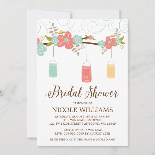 Rustic Coral Mint Mason Jar Branch Bridal Shower Invitation