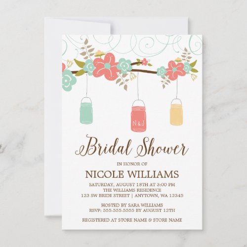 Rustic Coral Mint Mason Jar Branch Bridal Shower Invitation