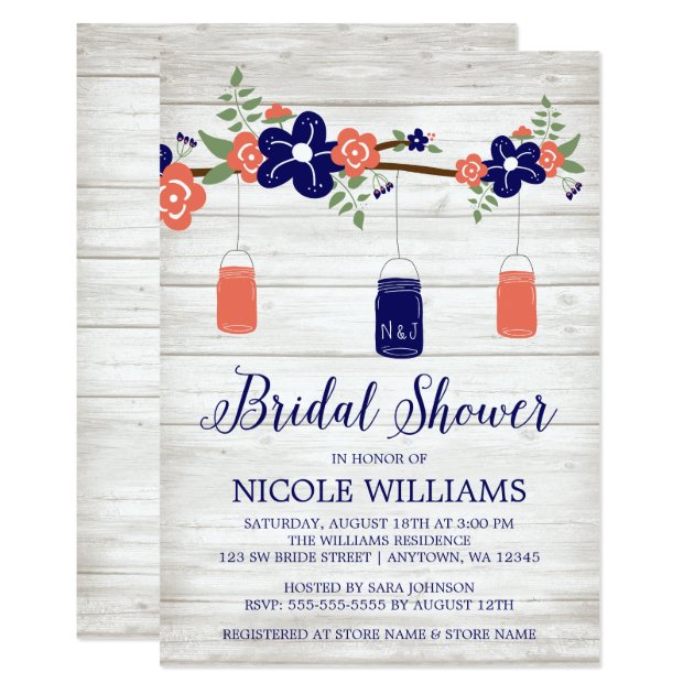 Rustic Coral Navy Mason Jar Branch Bridal Shower Invitation