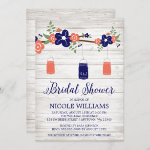 Rustic Coral Navy Mason Jar Branch Bridal Shower Invitation