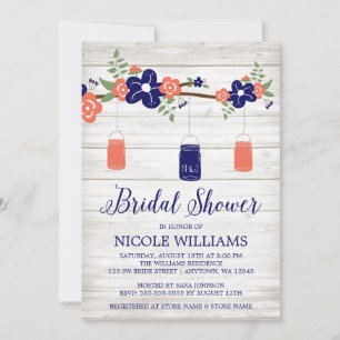 Rustic Coral Navy Mason Jar Branch Bridal Shower Invitation