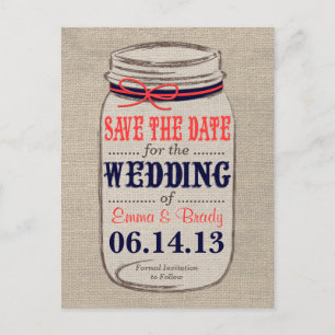 Rustic Coral & Navy Mason Jar Save the Date Announcement Postcard