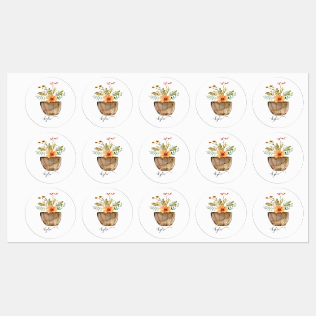 Rustic Coral Painted Flowers Labels (Sheet)