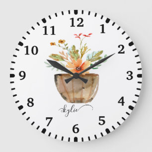 Rustic Coral Painted Flowers Large Clock