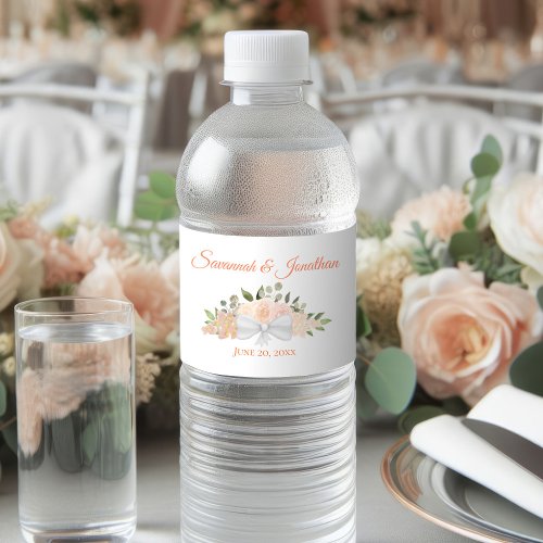 Rustic Coral  Peach Elegant Boho Roses Wedding Water Bottle Label