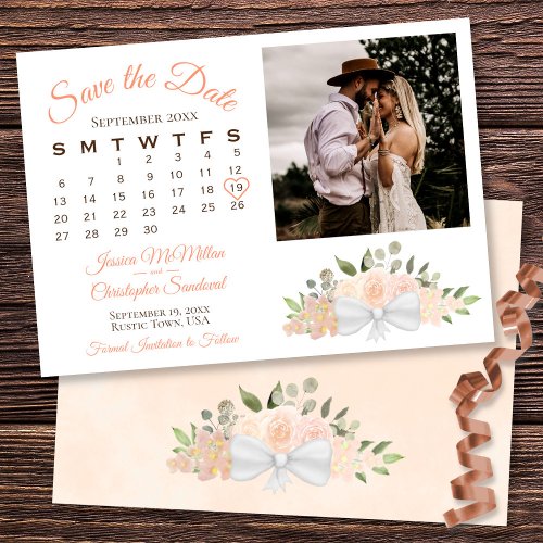 Rustic Coral Peach Floral Calendar  Photo Wedding Save The Date