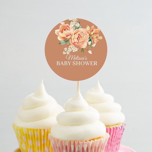 Rustic Coral Peach Flower Cupcake Topper Classic Round Sticker (Creator Uploaded)