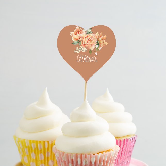 Rustic Coral Peach Flower Cupcake Topper Heart Sticker (Creator Uploaded)