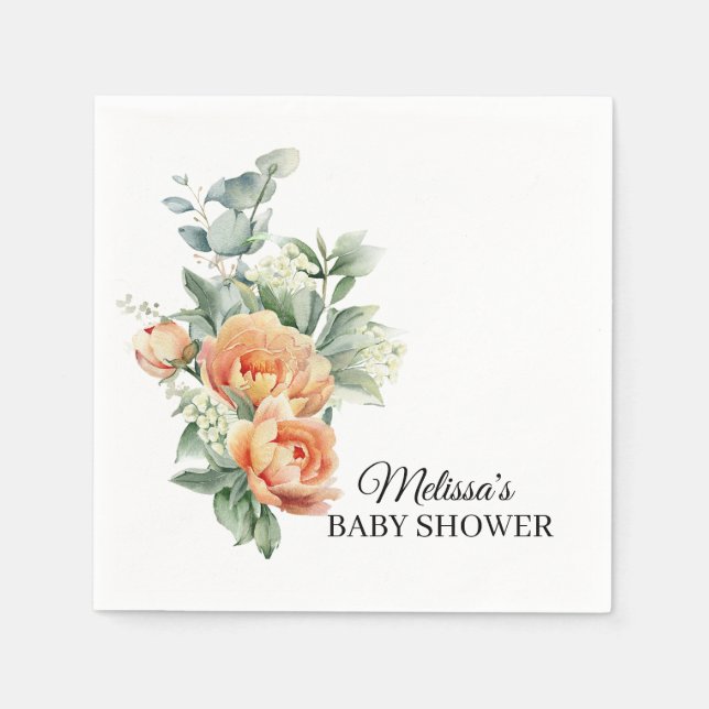 Rustic Coral Peach Flower Greenery Paper Napkins (Front)