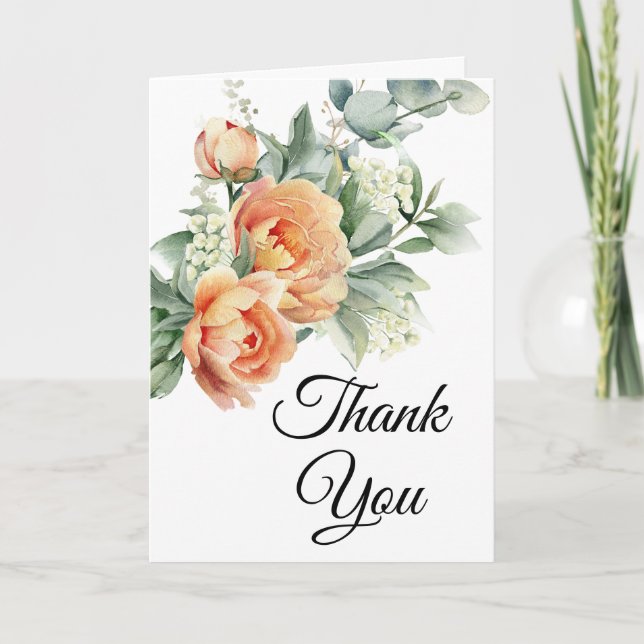 Rustic Coral Peach Flowers Greenery photo  Thank You Card (Front)