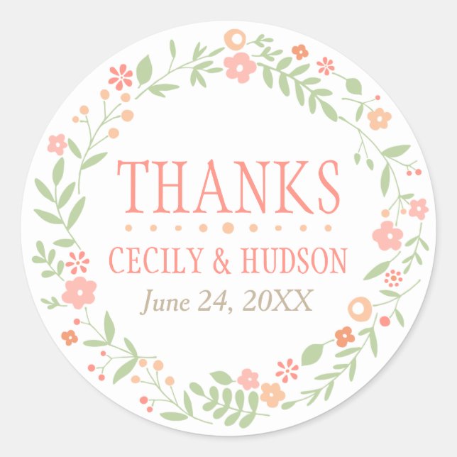 Rustic Coral Pink and Green Floral Wedding Classic Round Sticker (Front)