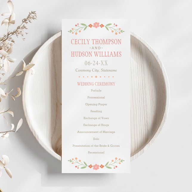 Rustic Coral Pink and Green Floral Wedding Program (Creator Uploaded)