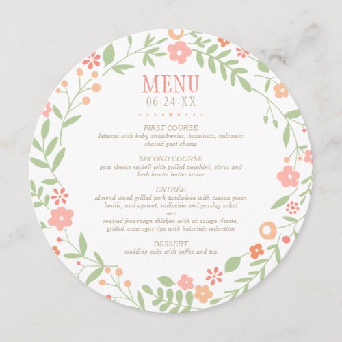 Rustic Coral Pink and Green Floral Wreath Wedding Menu