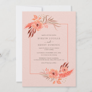 Rustic Coral Pink Floral Terracotta Wedding Invitation