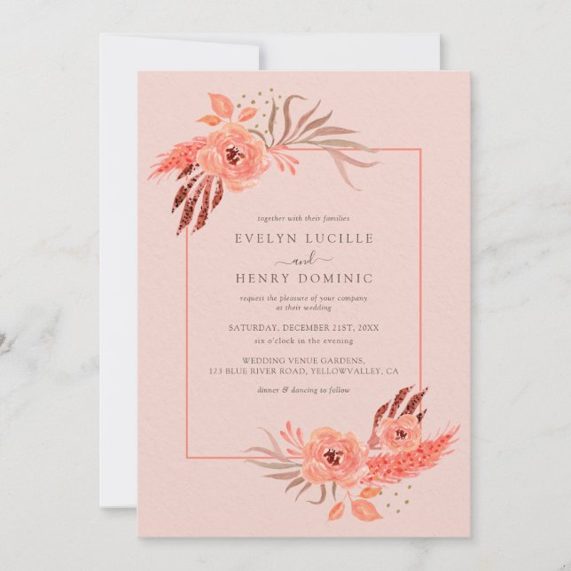 Rustic Coral Pink Floral Terracotta Wedding Invitation (Front)