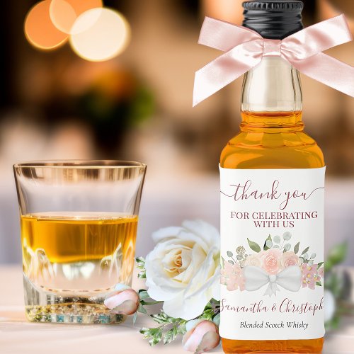 Rustic Coral Pink Floral Wedding Thank You Mini Liquor Bottle Label