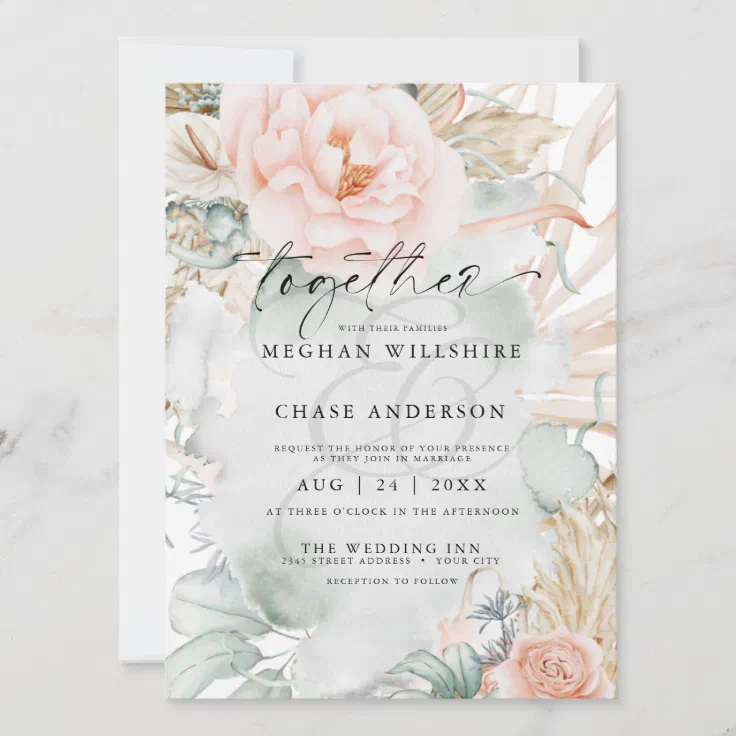 Rustic Coral Rose Floral Watercolor Invitation