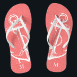 Rustic Coral Vintage Anchor Monogram Flip Flops<br><div class="desc">Custom printed flip flop sandals with a rustic nautical vintage anchor illustration and your custom monogram or other text. Click Customize It to change text fonts and colors or add your own images to create a unique one of a kind design!</div>