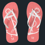 Rustic Coral Vintage Anchor Monogram Flip Flops<br><div class="desc">Custom printed flip flop sandals with a rustic nautical vintage anchor illustration and your custom monogram or other text. Click Customize It to change text fonts and colors or add your own images to create a unique one of a kind design!</div>