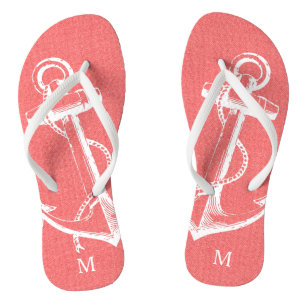 Rustic Coral Vintage Anchor Monogram Flip Flops