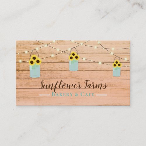 Rustic Coral Wood Lights  Mason Jar Sunflowers Business Card