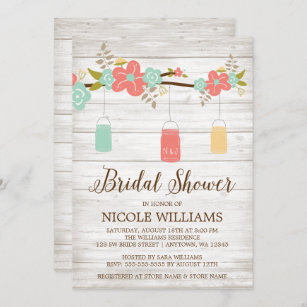 Rustic Coral Wood Mason Jar Branch Bridal Shower Invitation