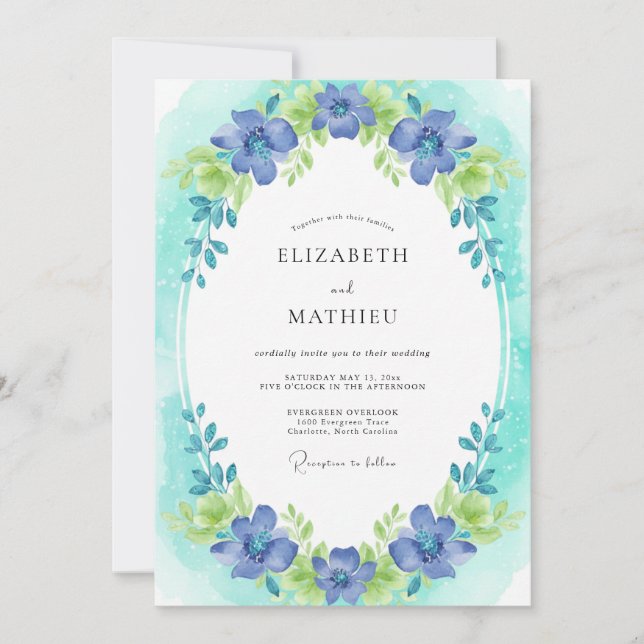 Rustic Cornflower Aqua Wreath Wedding Invitation (Front)