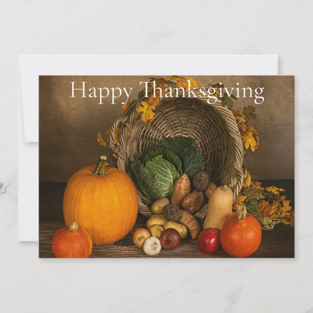 Rustic Cornucopia Harvest Thanksgiving Blessings Holiday Card (Front)