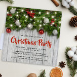 Rustic Corporate Winter Christmas Party Invitation<br><div class="desc">Rustic christmas winter theme party invitations featuring a light wooden background,  festive christmas tree branches,  red & silver tree decorations and string twinkle lights.</div>