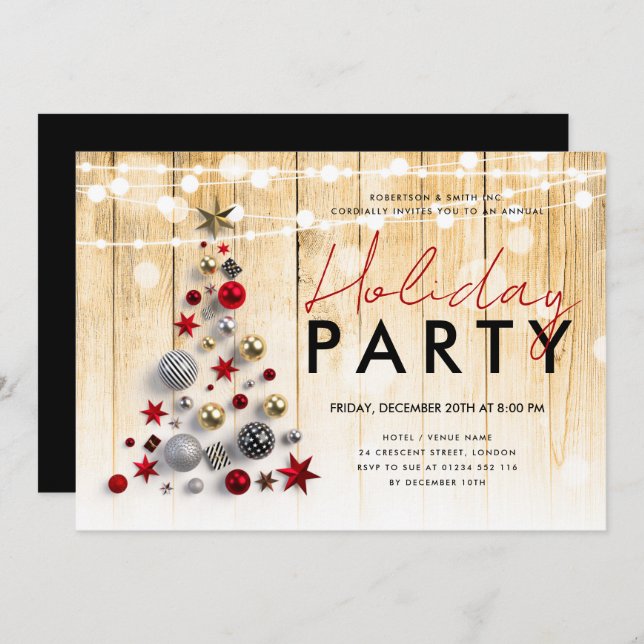 Rustic Corporate Xmas Tree Holiday String Lights Invitation (Front/Back)