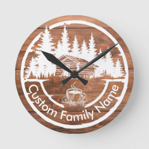 Rustic Cottage Cabin Barn Custom Family Name Round Clock