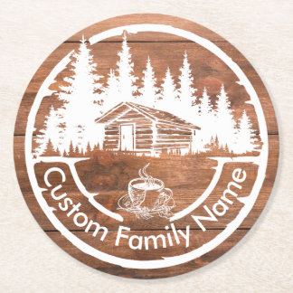 Rustic Cottage Cabin Barn | Custom Family Name Round Paper Coaster