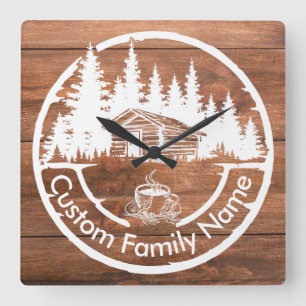 Rustic Cottage Cabin Barn   Custom Family Name Square Wall Clock